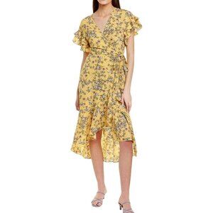 Max Studio NWT Yellow Crepe High Low Floral Midi Wrap Dress Size M